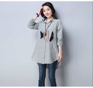 Camicie e Bluse da Donna OEM in Misto <span class=keywords><strong>Lino</strong></span> e Cotone, Ricamate, <span class=keywords><strong>a</strong></span> Maniche Lunghe, Vestibilità Ampia, <span class=keywords><strong>a</strong></span> Righe, Casual - Product Image 6