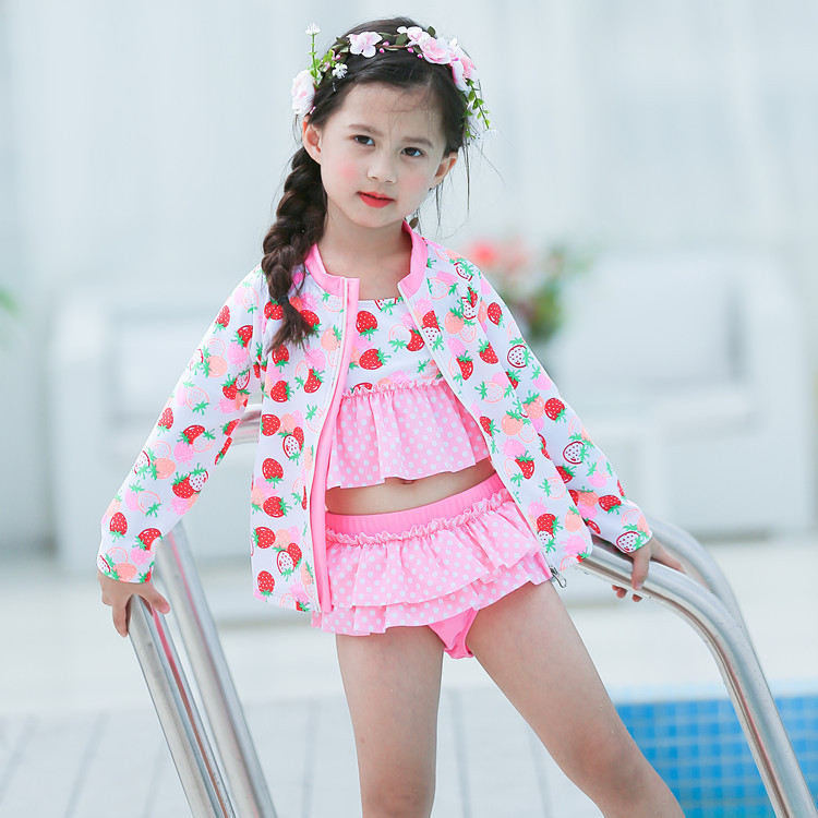 Girls Rash Guard 4 Piece Swimsuit Set UPF 50+ Surfing Sunsuit StrawBerry Pink Jacket+Bikini +Bottom Kids Beach Swimwear
