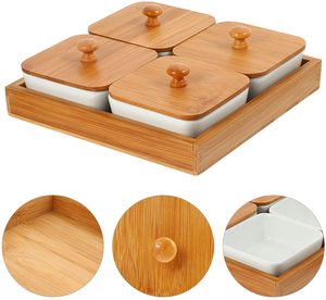 Bandeja de Cerámica para Servir Aperitivos con 4 Compartimentos, Plato de Postre Estilo Japonés, Plato para Condimentos y Aperitivos con Tapa de Bambú para Alimentos - Product Image 5