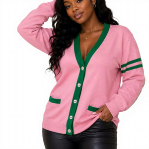 <b>Women</b> High Quality Sorority <b>Cardigan</b> <b>Sweater</b> Eco Friendly Stylish Breathable Acrylic V-neck Double Breasted Pink Green Contrast - Product Image 3