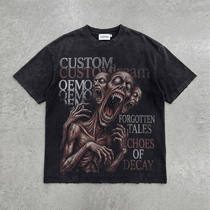 T-shirt Oversize Personnalisé OEM en Coton 100% (260 GSM) avec Strass, Délavé à l'Acide, Impression Numérique, Coupe Boxy et Épaules Tombantes Effet Vieilli - Product Image 1