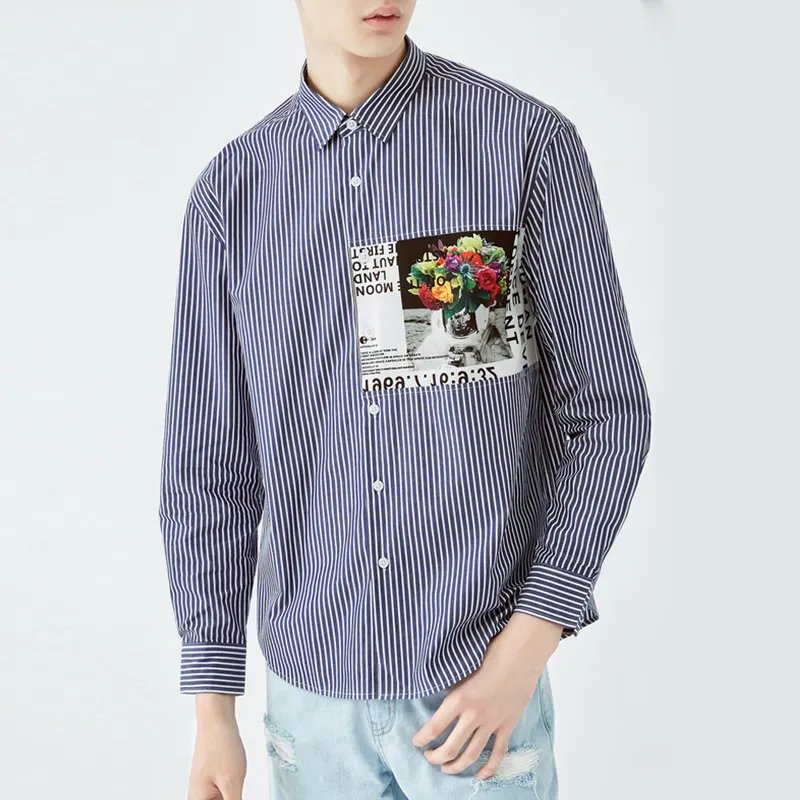 OHMYJUST-Camiseta a rayas con estampado de rosas para hombre, camisas informales