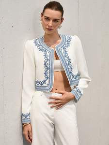 Chaqueta de Lona Ecológica Acolchada con Botones y Bordado Floral Azul Cielo para Mujer, Forro de Algodón, Otoño Invierno, Abrigo Oficial - Product Image 5