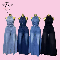 Combinaison Longue en Jean Sans Manches Style Streetwear pour Femme