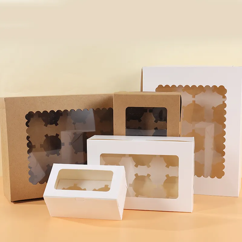 Hot Sale Packaging Grid Egg Tart Brown Kraft Paper Holes Cupcake Bakery Muffin Cup Cake Packaging Box Container with Window