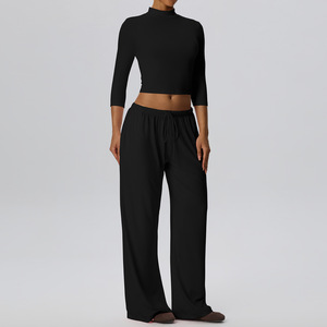 Ensemble de yoga 3 pièces : haut court à manches 3/4, pantalon large, tenue de sport extensible et confortable - Product Image 6