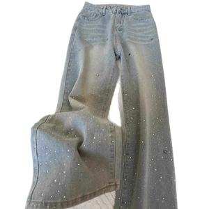 2025 New Arrival Rhinestone <strong>Wide</strong> <strong>Leg</strong> Jeans for Women Light Blue <strong>Sparkly</strong> High Rise Pants Trendy Tummy Control Slim Fit <strong>Trousers</strong> - Product Image 3