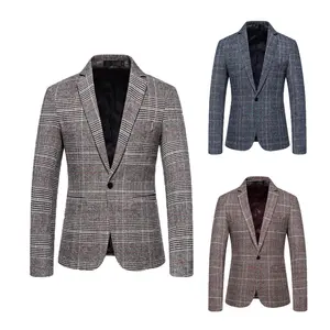 Man Plaid Print Blazer Suits Slim Single Breasted Jackets Business Formal Suit Tweed Fabric for Coat