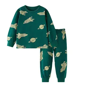 키즈 스트리트 웨어 2PCS 녹색 우주선과 로켓 프린트 티셔츠 아동 의류 남아 세트