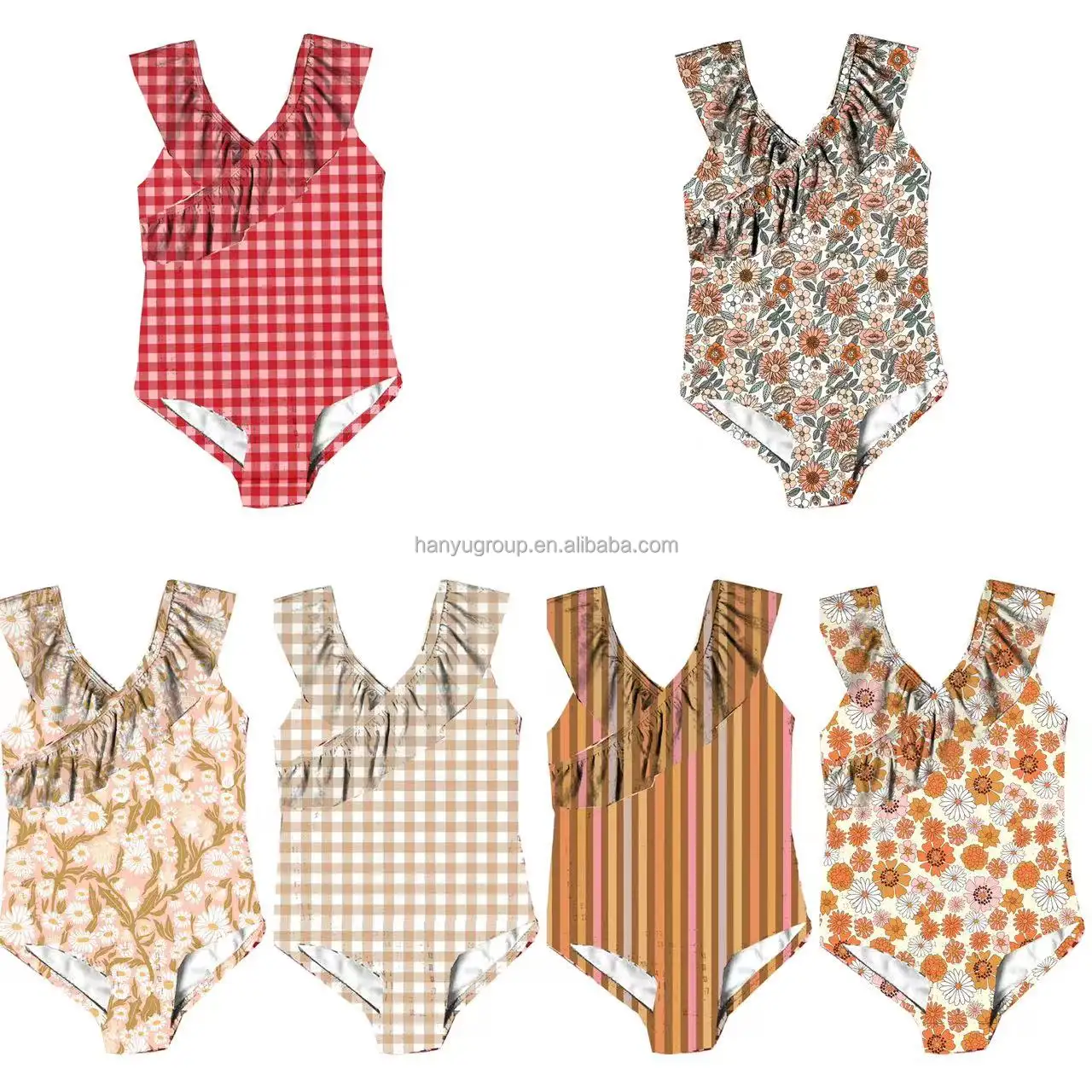 Maillot de bain à bretelles croisées pour filles à volants certifié 50 + col à volants vichy rouge maillot de bain une pièce vente en gros