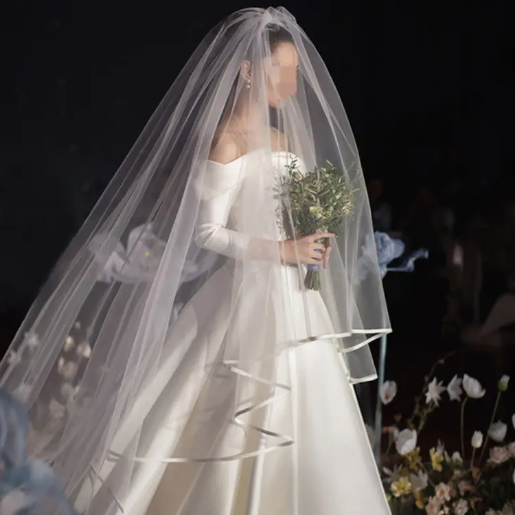 Kerudung Pernikahan Dua Lapis Satin Tepi Krem Berkualitas Tinggi Kerudung Pengantin Panjang