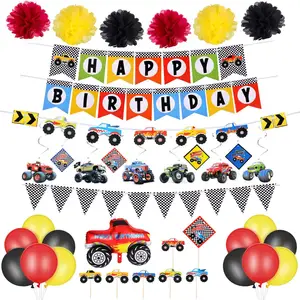 39 Peça Monster Truck Birthday Party Supplies Feliz Aniversário Banner Pendurado Swirl Balões Set