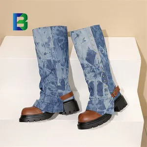 BARCHON LL4254 botas jeans dobráveis para mulheres, sapatos personalizados com rebite, botas de inverno para mulheres, botas altas até o joelho, atacado de fábrica