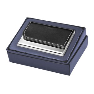 Porte-cartes de visite en métal et cuir PU noir avec surpiqûres blanches pour hommes et femmes, usage professionnel - Product Image 2