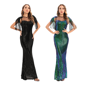 Robe de soirée personnalisée de haute qualité pour femme, sans manches, longue, style bal, romantique, taille naturelle, sexy, à franges brillantes - Product Image 1