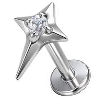 Piercing d'oreille en titane ASTM F136 avec étoile à quatre branches et micro-zircon cubique, à dos plat et filetage interne, pour hélix et tragus, idéal comme cadeau