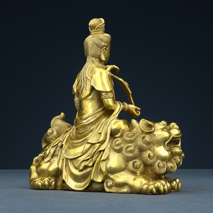 Estatua de Bodhisattva Manjushri de latón fundido a mano, sentado sobre un león, decoración para el hogar, artesanía, adorno - Product Image 2