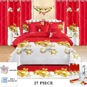 Hot Sale Bed Sheets Queen Size Christmas Bed Sheets Flat Sheet Set Curtain Cloth Bedroom 27pcs Printed Curtain Bedding Set