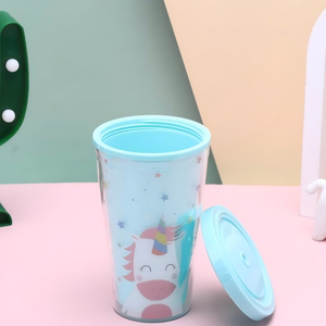 Vaso de Plástico con Diseño de Unicornio de 450 ml, con Tapa Hermética y Diseño de Estrellas, para Bebidas Frías para Niños - Product Image 1