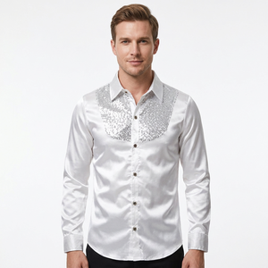 White Slim Fit Sequin <b>Men's</b> Long Sleeve Button-Up Formal Dress <b>Shirt</b> Glitter Print Woven Satin Fabric for Wedding <b>Party</b> Wear - Product Image 3