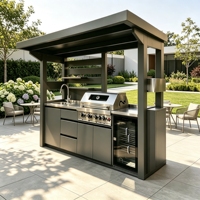 Ilha de Cozinha Externa de Luxo em Aço Inoxidável 304 com Pia, Coifa, Fogão, Frigorífico, Queimador Lateral, Armários de Armazenamento para Churrasco e Entretenimento em Vilas