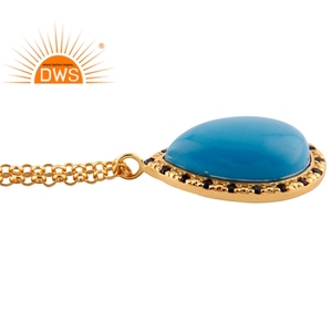 Conjunto de Collar con Colgante de Turquesa y Zafiro, Diseño de Joyería India, Chapado en Oro, Cadena de Plata 925, Venta al por Mayor - Product Image 3