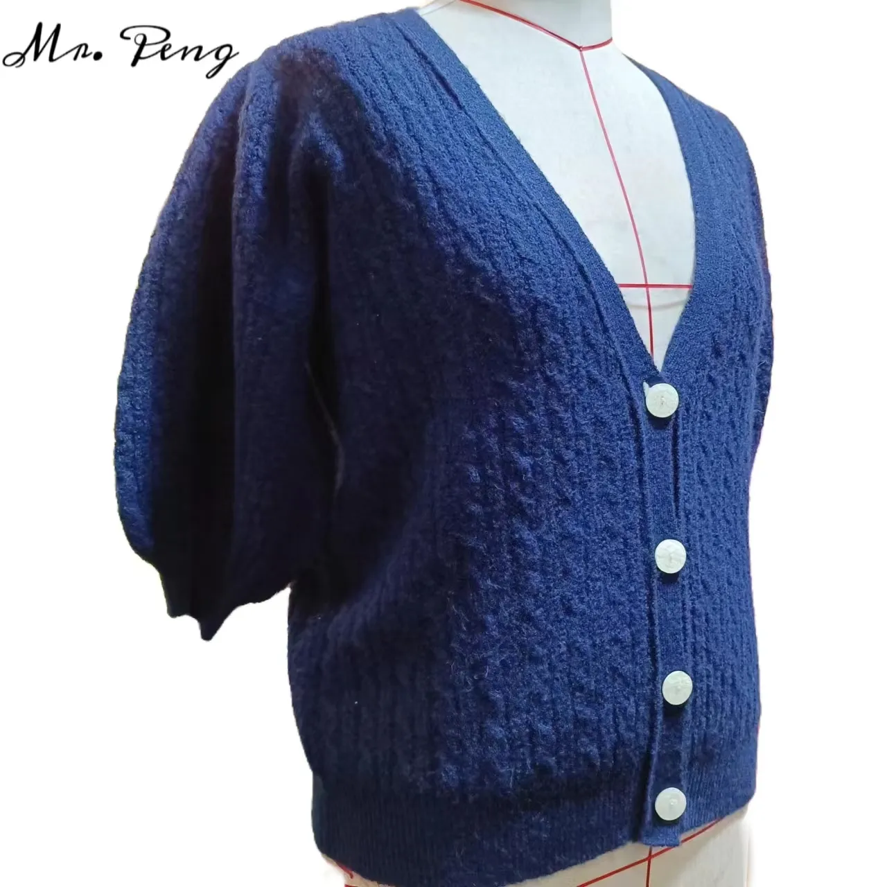 New popular style solid color blue single breasted Women Cardigan Sweater Knitted short sleeve winter autumn Sweater