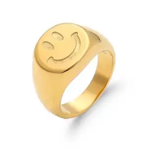 Friendship Jewelry 18K Gold Plated Smiley Face Ring Happy Face Chunky Stainless Steel Stacking Ring Birthday Gift Ring