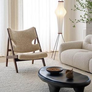 Fauteuil de salon en tricot, couleur crème, en laine d'agneau, fauteuil simple confortable, style rétro français, chaise longue en bois massif - Product Image 2