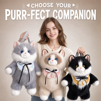 Sac à dos scolaire pour filles, en forme de chat réaliste, en fausse fourrure grise, noire et beige, avec nœud papillon et dentelle, style Kawaii, doux et rembourré