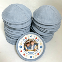 Op maat gemaakte lichtblauwe gewassen stof kippah Joodse Judaica aangepaste foto Hebreeuwse print volwassen rituele aandenken voor huishoudelijke collectie