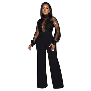 Women's Sexy Sequin Long Sleeves Mesh Patchwork Bodycon See Through Club Party Evening Elegant Straight Wide Leg Jumpsuits