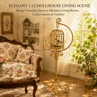 Vente en gros de cage à oiseaux miniature en métal 1:12 pour maison de poupée, cage à oiseaux suspendue en fil doré vintage avec support pour la décoration de jardin féerique