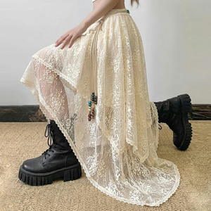 Jupe longue asymétrique en dentelle style Wasteland pour femme, anti-exposition avec doublure, idéale pour les vacances à la plage - Product Image 6