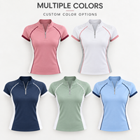 Haut de tennis personnalisé pour femme à manches courtes et col zippé, découpé au laser, respirant, color block, pour l'entraînement sur le terrain