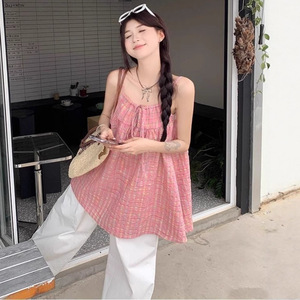 Korean Style Pink Plaid Spaghetti Strap Dress Loose Waist Daily Casual Dress Polyester Fabric Simple Design - Product Image 2