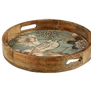 Plateau de service rond en bois avec motif émaillé d'oiseaux et de fleurs, fait main, style vintage, vaisselle pour offrir en cadeau - Product Image 1