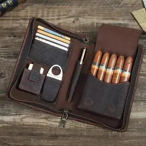 Cigars Humidor Tube Holder Lighter Cutter Box Storage Portable Travel Luxury Genuine Leather Cigar Case Bag