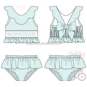 Vendita calda toddler girls costume da bagno seersucker 2 pezzi costume da bagno foderato smocked con monogramma i bambini indossano <span class=keywords><strong>bikini</strong></span> con volant smerlato - Product Image 3