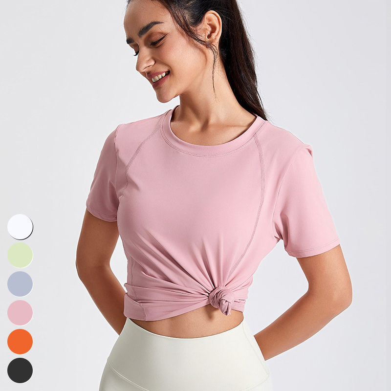 Women's Custom Logo Yoga Clothing Eco-Friendly Breathable Casual Loose Sports Top Short Sleeve Fitness Tshirt Mesh Patchwork