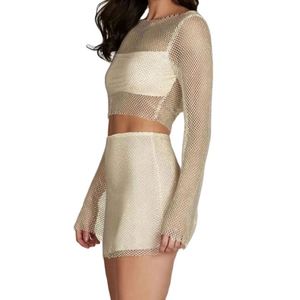 Yi OEM/ODM <strong>Hot</strong> Sale <strong>Pink</strong> See-Through Bling Conjunto Saia Skirt Sets 2 Piece Outfits with Short <strong>Tops</strong> Solid Pattern Women's Set - Product Image 3