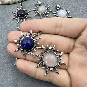 Liontin bentuk matahari perak antik dengan antik batu alam Cabochons pengaturan Bezel tatahan Reiki penyembuhan jimat perhiasan kalung - Product Image 3