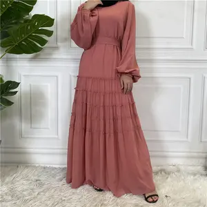 थोक मध्य पूर्वी फैशन डबल शिफॉन नेट रंग ढीला वस्त्र बड़े हेम इस्लामिक उच्च गुणवत्ता वाले सोने के बॉर्डर दुबई अबाया के साथ