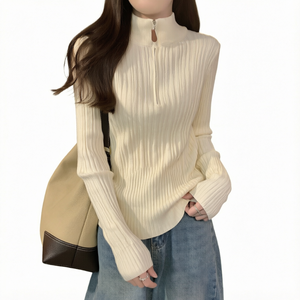 202Six Premium Autumn Winter Korean Style Turn Down Collar Knit Long Sleeve Slim Fit Casual Layering Top OEM Private Label - Product Image 1