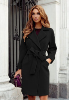 Nouveau Manteau Long Femme Automne Hiver en Laine Coupe Ajustée avec Ceinture et Col Rabattu, Couleur Unie