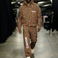 Ensemble de survêtement en coton French Terry personnalisé, coupe ample, imprimé léopard, sweat à capuche zippé et pantalon de jogging, ensemble 2 pièces pour homme