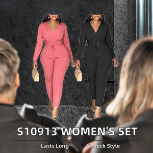 Conjunto de Ropa de Oficina Moderna para Mujer S10913, Top de Punto de Manga Larga con Cuello en V y Cintura Elástica Ajustada, Pantalones Lisos Teñidos, Anti-Pilling, Dos Piezas - Product Image 2