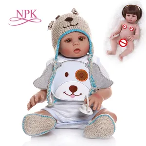 NPK 48CM bebe Puppe wieder geborene Baby puppe im blauen Kleid Ganzkörper weiches Silikon realistisches Baby Bades pielzeug Anatomisch korrekt