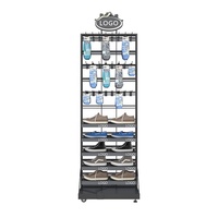 Idées de vente au détail modernes chaussures chaussettes marque boutique métal multi-usage suspendu rotatif présentoir à chaussures avec roues