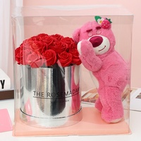 TC Wholesale Rose artificielle en soie parfumée, Cadeaux de la Saint-Valentin, Bouquets de roses en peluche roses avec ours en peluche dans une boîte argentée